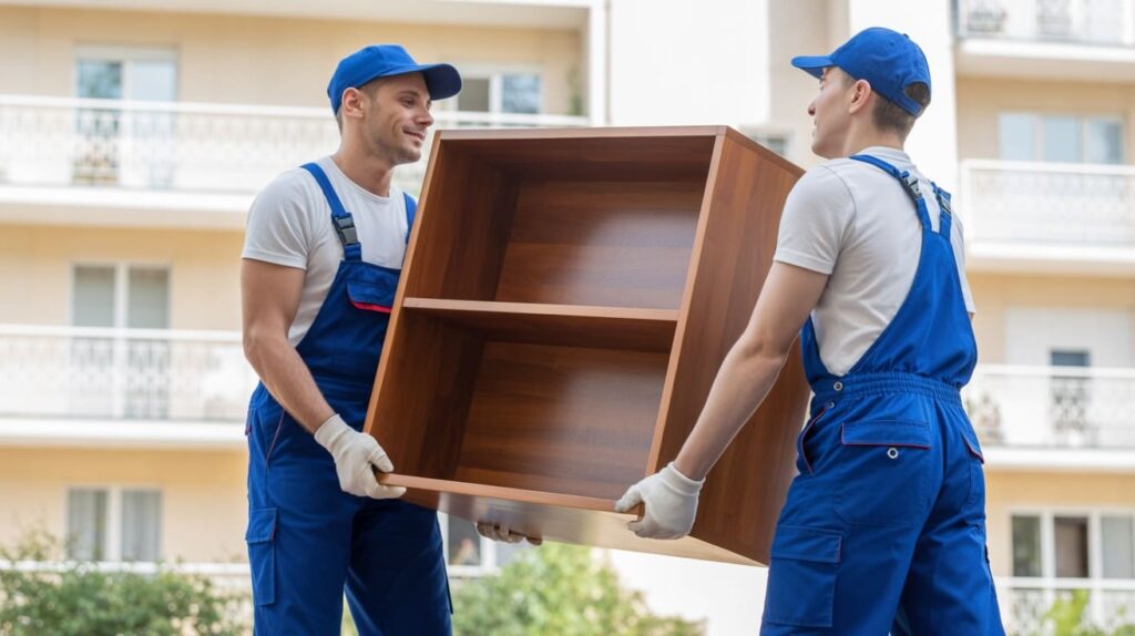 Profesjonalna ekipa firmy Wywozimy Graty wynosząca ciężką szafę z mieszkania.