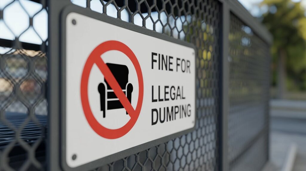 Znak zakazu wyrzucania odpadów wielkogabarytowych i mebli pod groźbą kary.