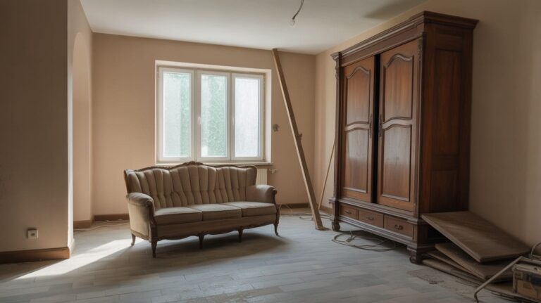 Zagracony salon ze starymi, niechcianymi meblami przygotowanymi do wyniesienia.