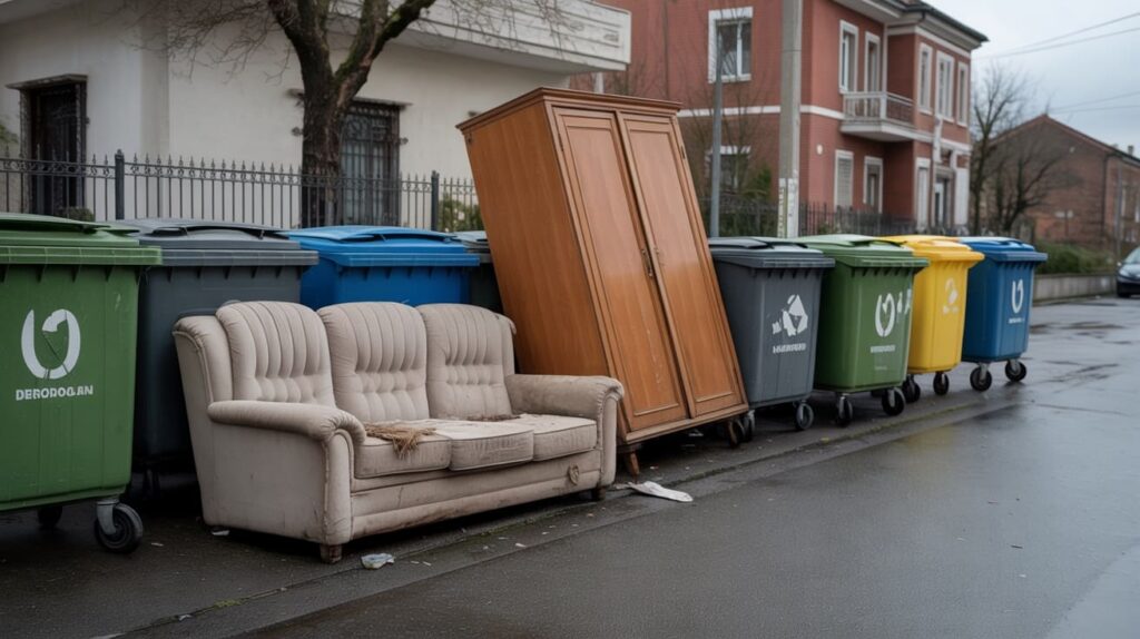 Stara kanapa i szafa porzucone nielegalnie pod wiatą śmietnikową na osiedlu.